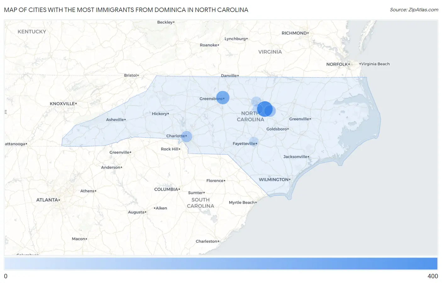 Cities with the Most Immigrants from Dominica in North Carolina Map