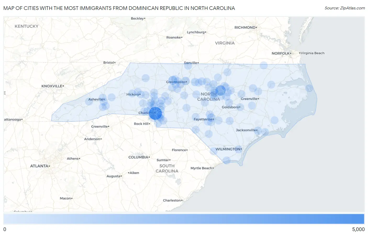 Cities with the Most Immigrants from Dominican Republic in North Carolina Map