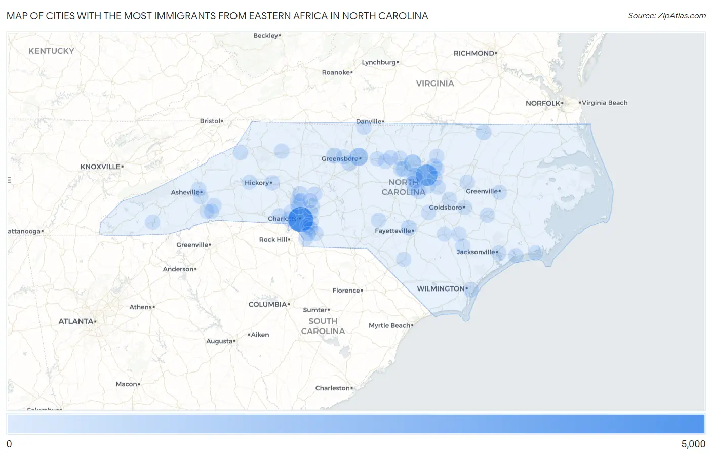 Cities with the Most Immigrants from Eastern Africa in North Carolina Map
