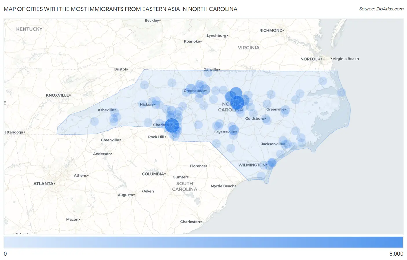 Cities with the Most Immigrants from Eastern Asia in North Carolina Map