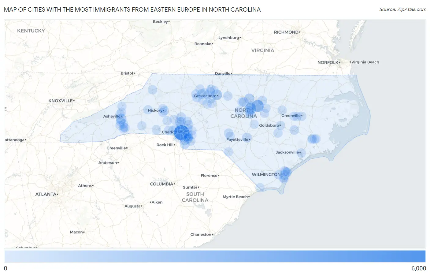 Cities with the Most Immigrants from Eastern Europe in North Carolina Map