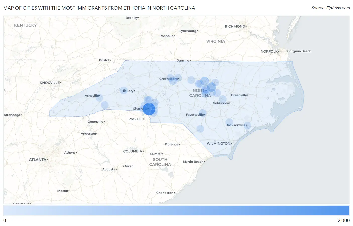 Cities with the Most Immigrants from Ethiopia in North Carolina Map
