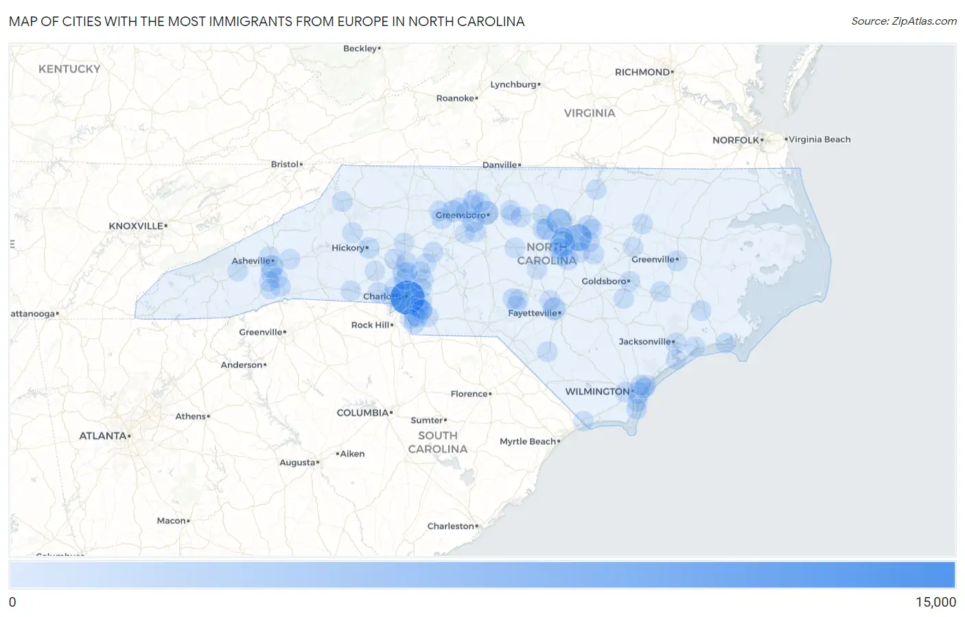 Cities with the Most Immigrants from Europe in North Carolina Map