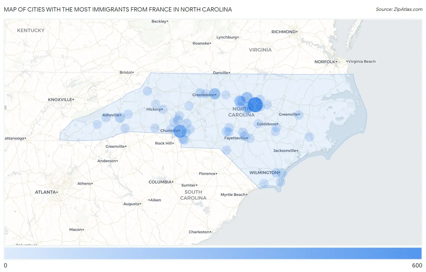 Cities with the Most Immigrants from France in North Carolina Map