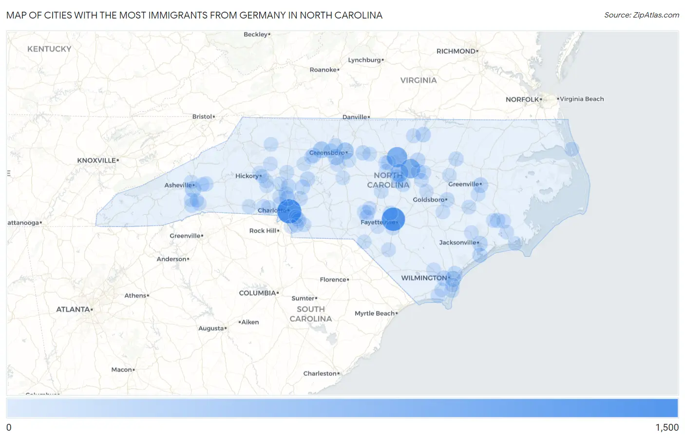 Cities with the Most Immigrants from Germany in North Carolina Map