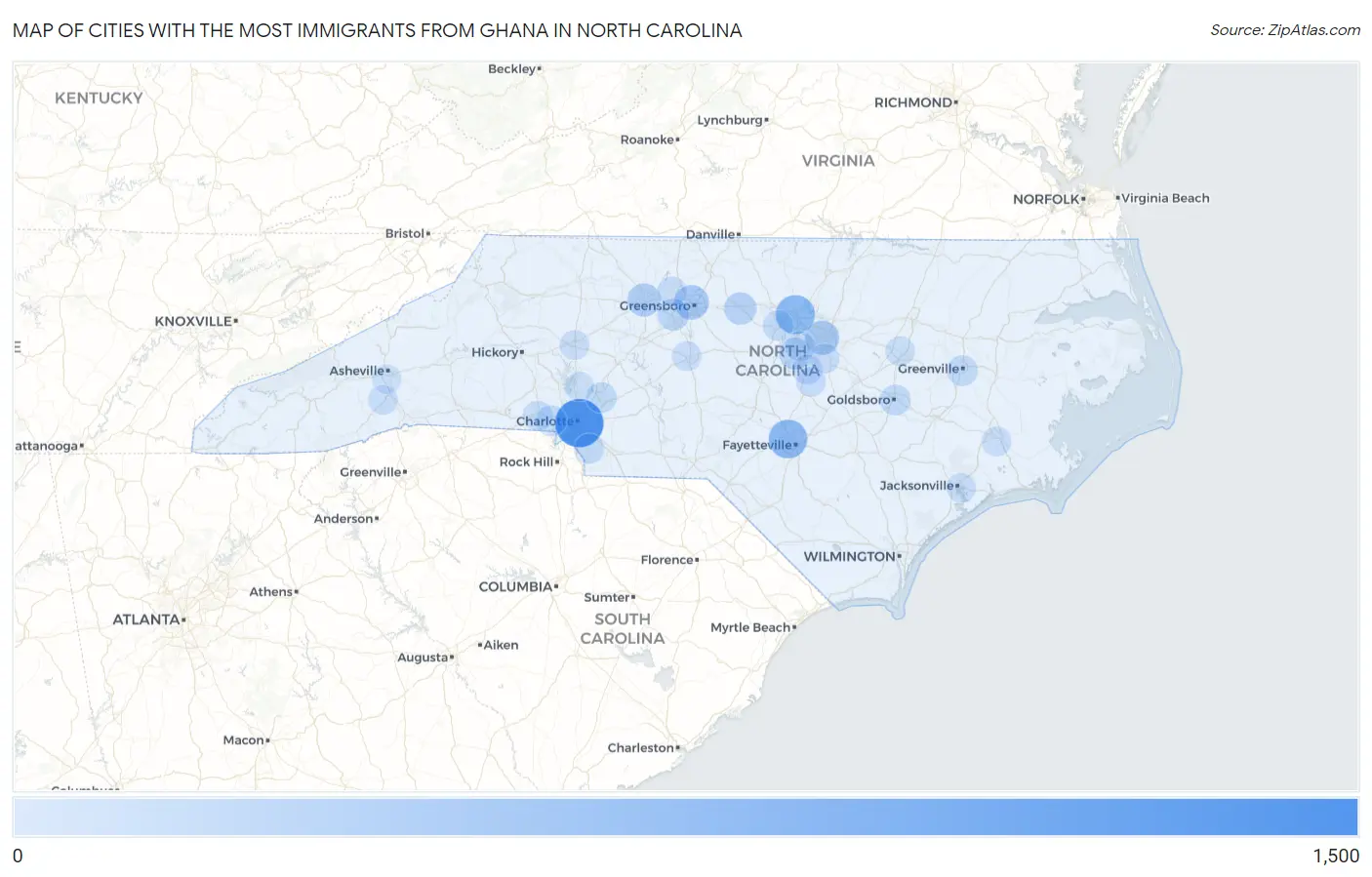Cities with the Most Immigrants from Ghana in North Carolina Map