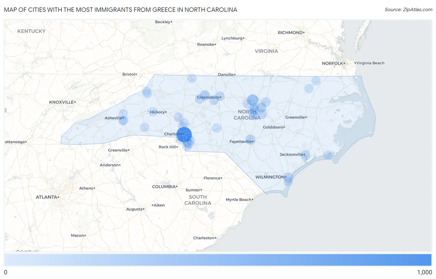 Cities with the Most Immigrants from Greece in North Carolina Map