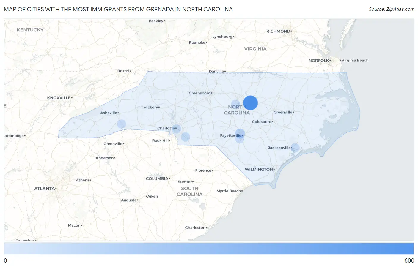 Cities with the Most Immigrants from Grenada in North Carolina Map