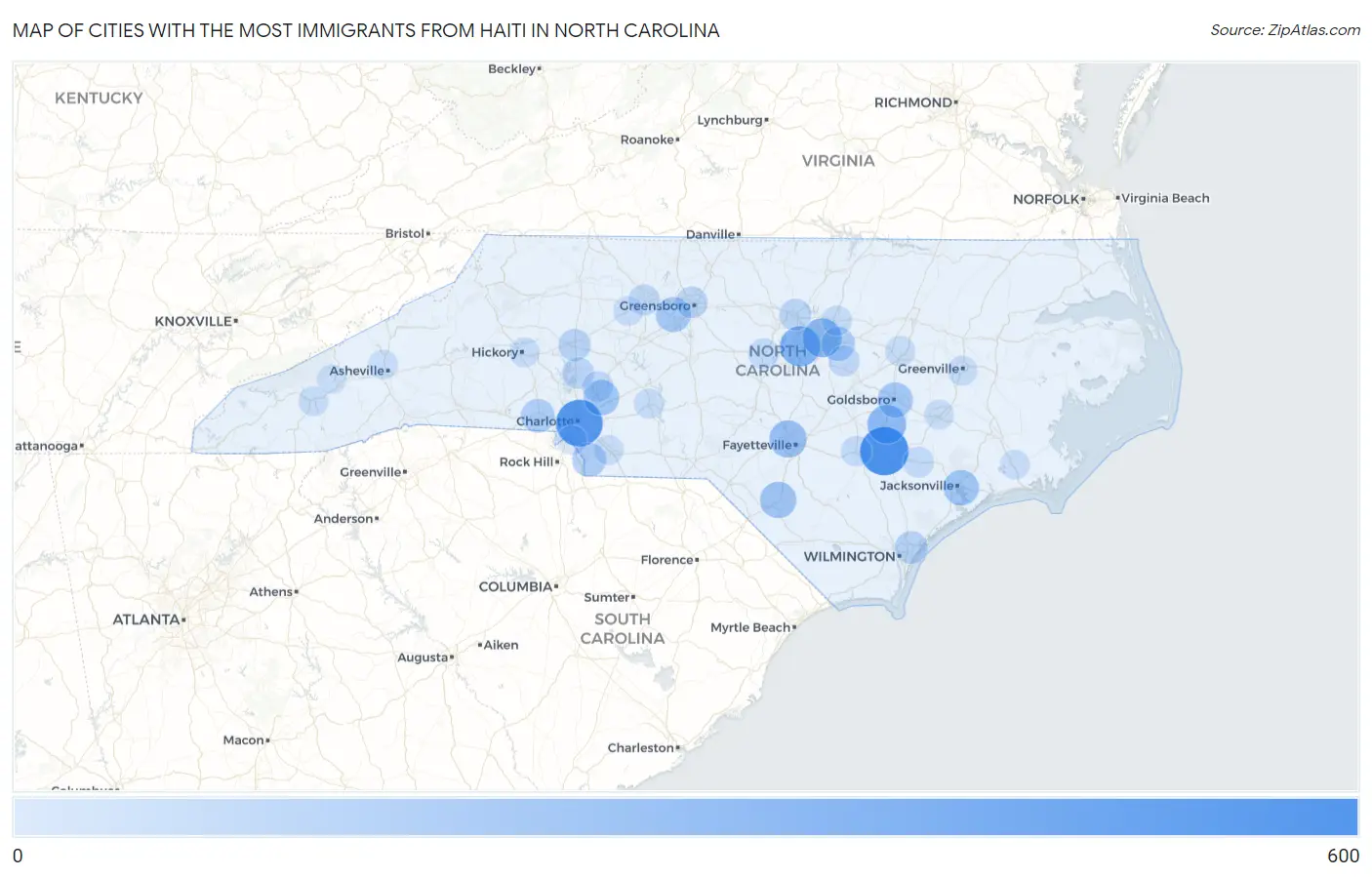 Cities with the Most Immigrants from Haiti in North Carolina Map