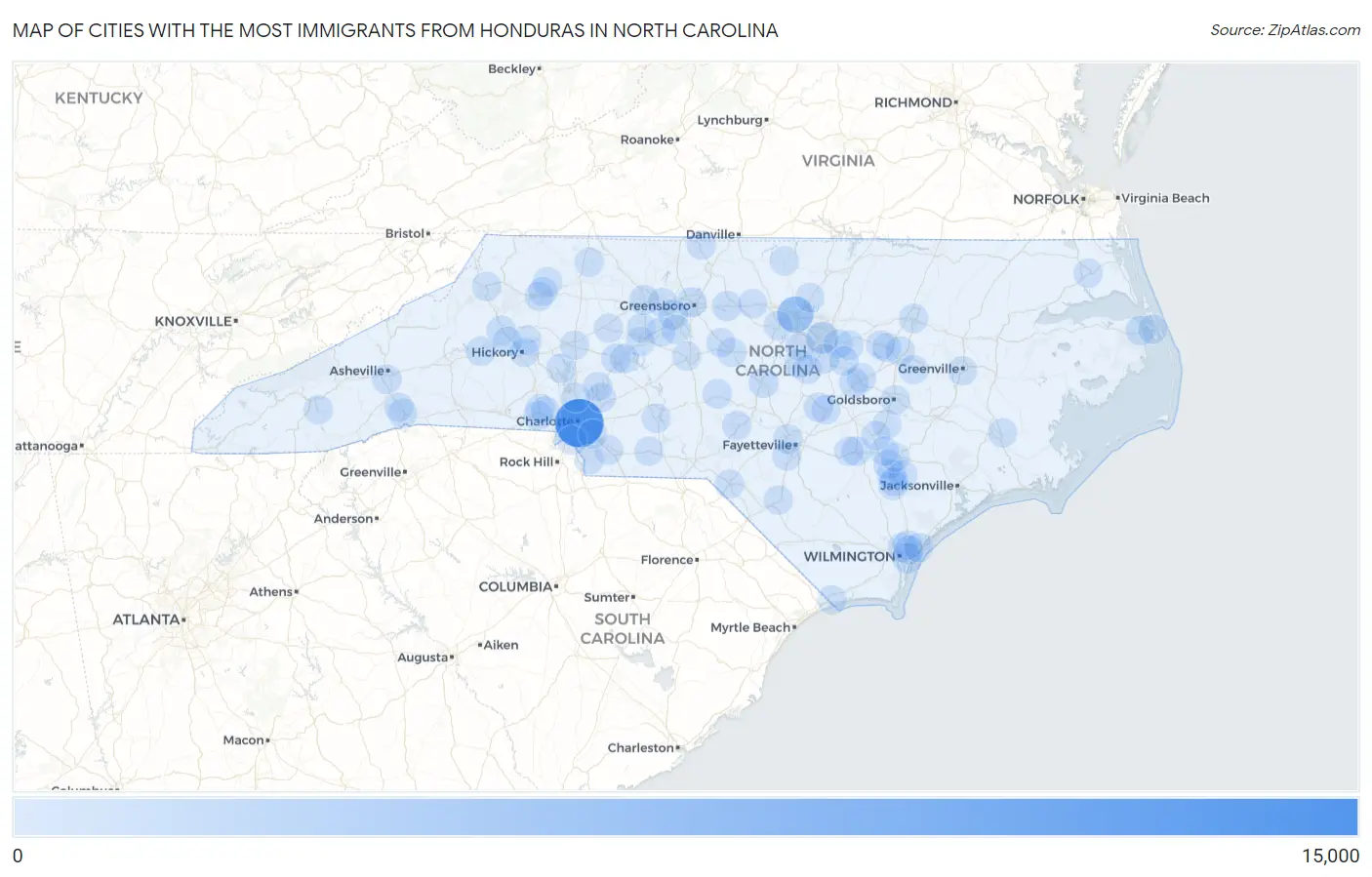 Cities with the Most Immigrants from Honduras in North Carolina Map