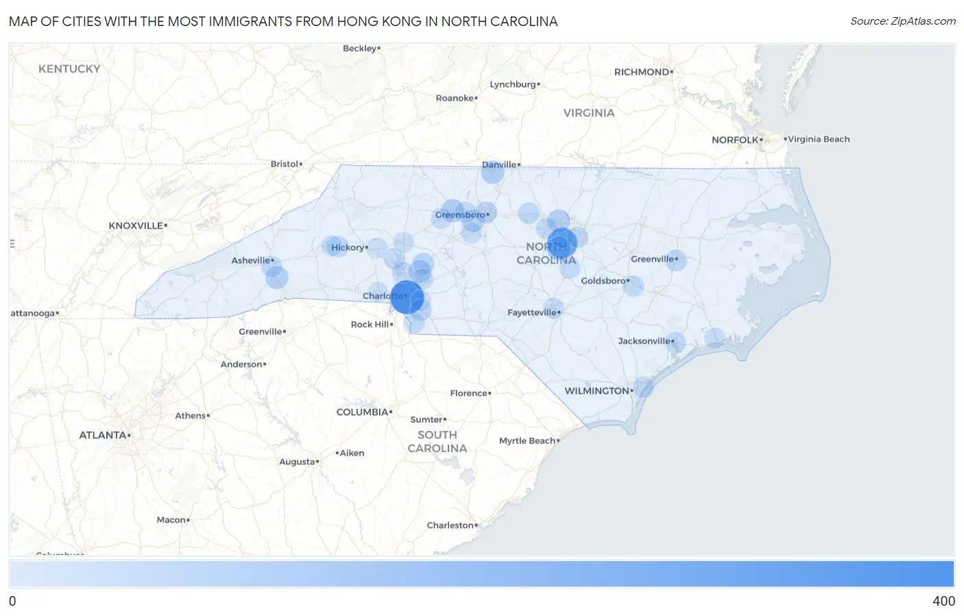 Cities with the Most Immigrants from Hong Kong in North Carolina Map