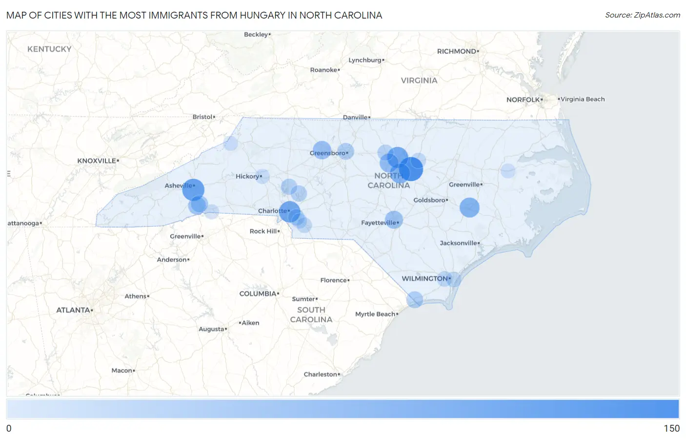 Cities with the Most Immigrants from Hungary in North Carolina Map