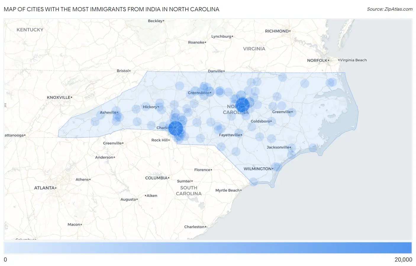 Cities with the Most Immigrants from India in North Carolina Map
