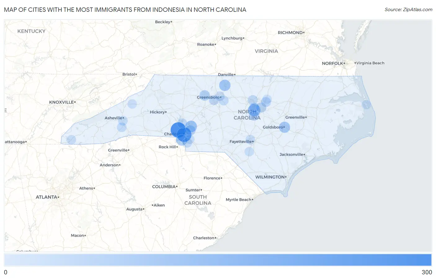 Cities with the Most Immigrants from Indonesia in North Carolina Map