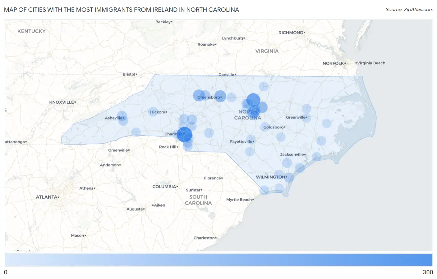 Cities with the Most Immigrants from Ireland in North Carolina Map