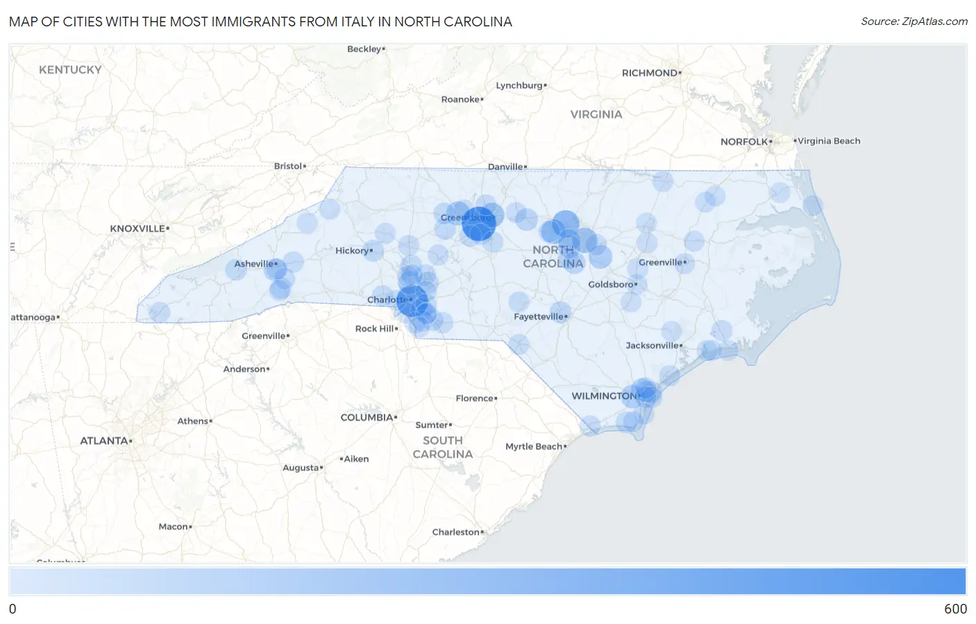 Cities with the Most Immigrants from Italy in North Carolina Map