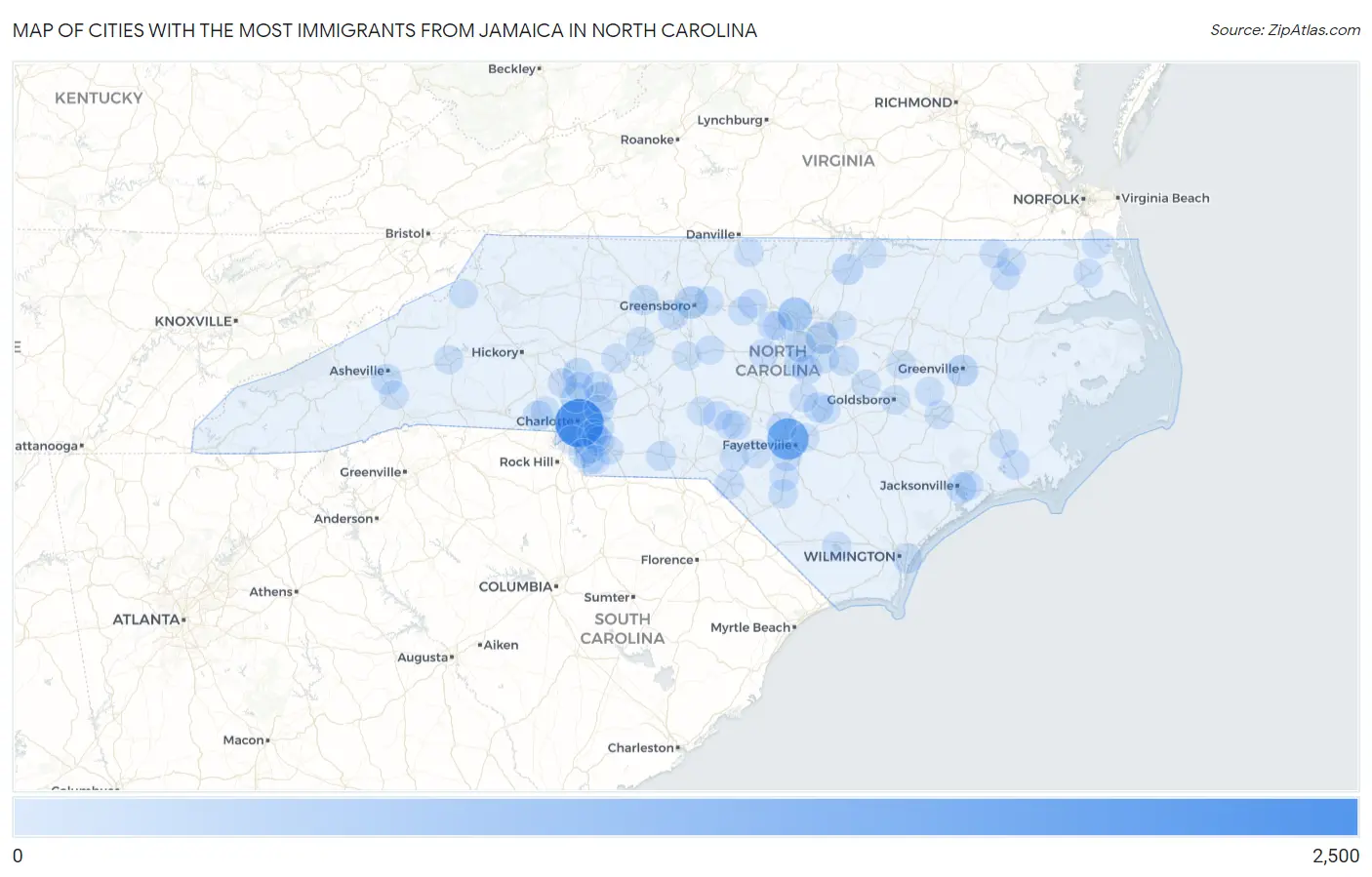 Cities with the Most Immigrants from Jamaica in North Carolina Map