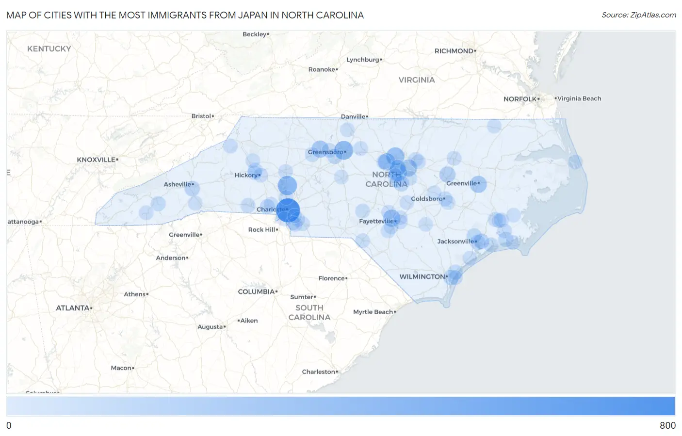 Cities with the Most Immigrants from Japan in North Carolina Map