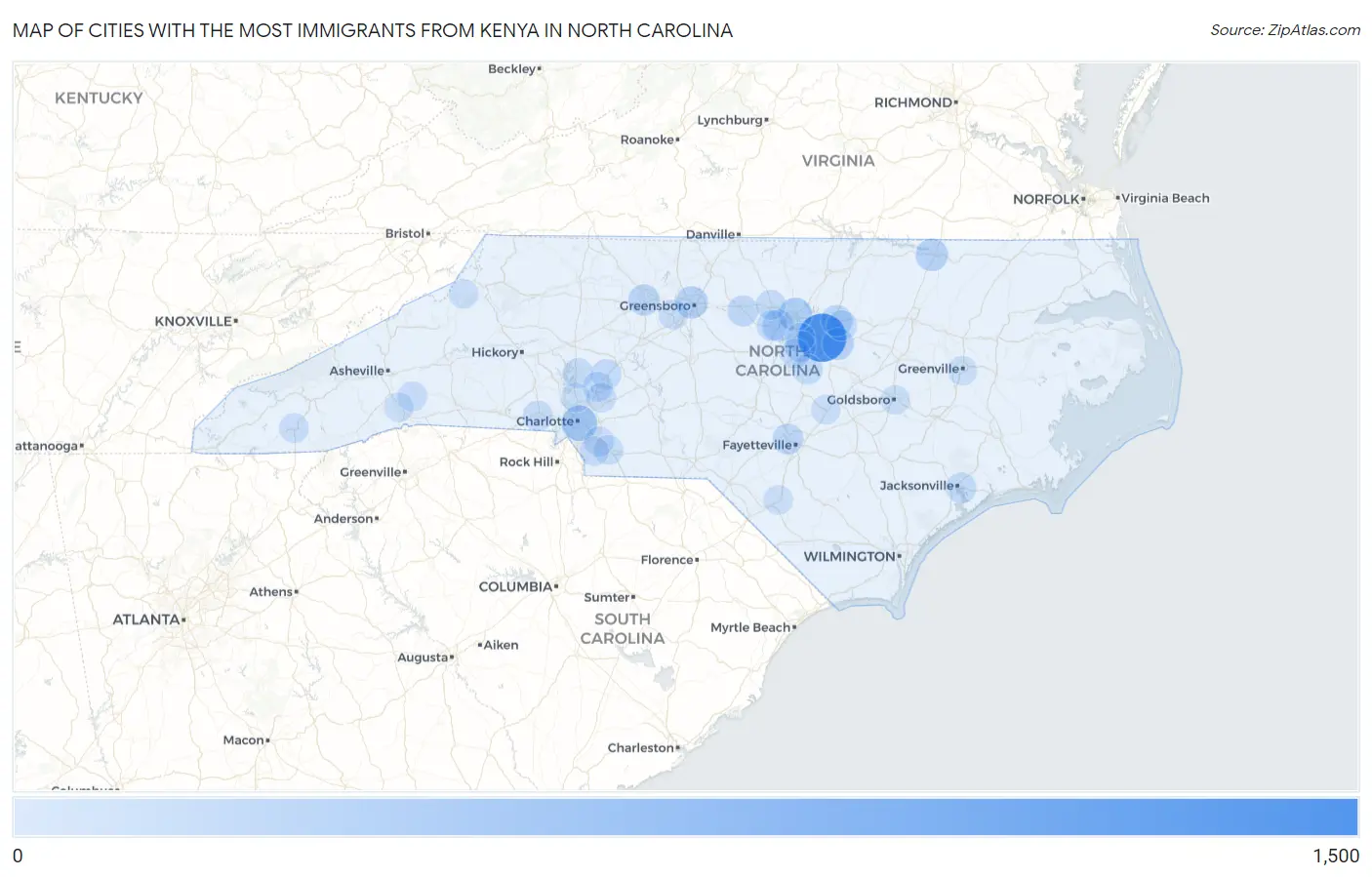 Cities with the Most Immigrants from Kenya in North Carolina Map