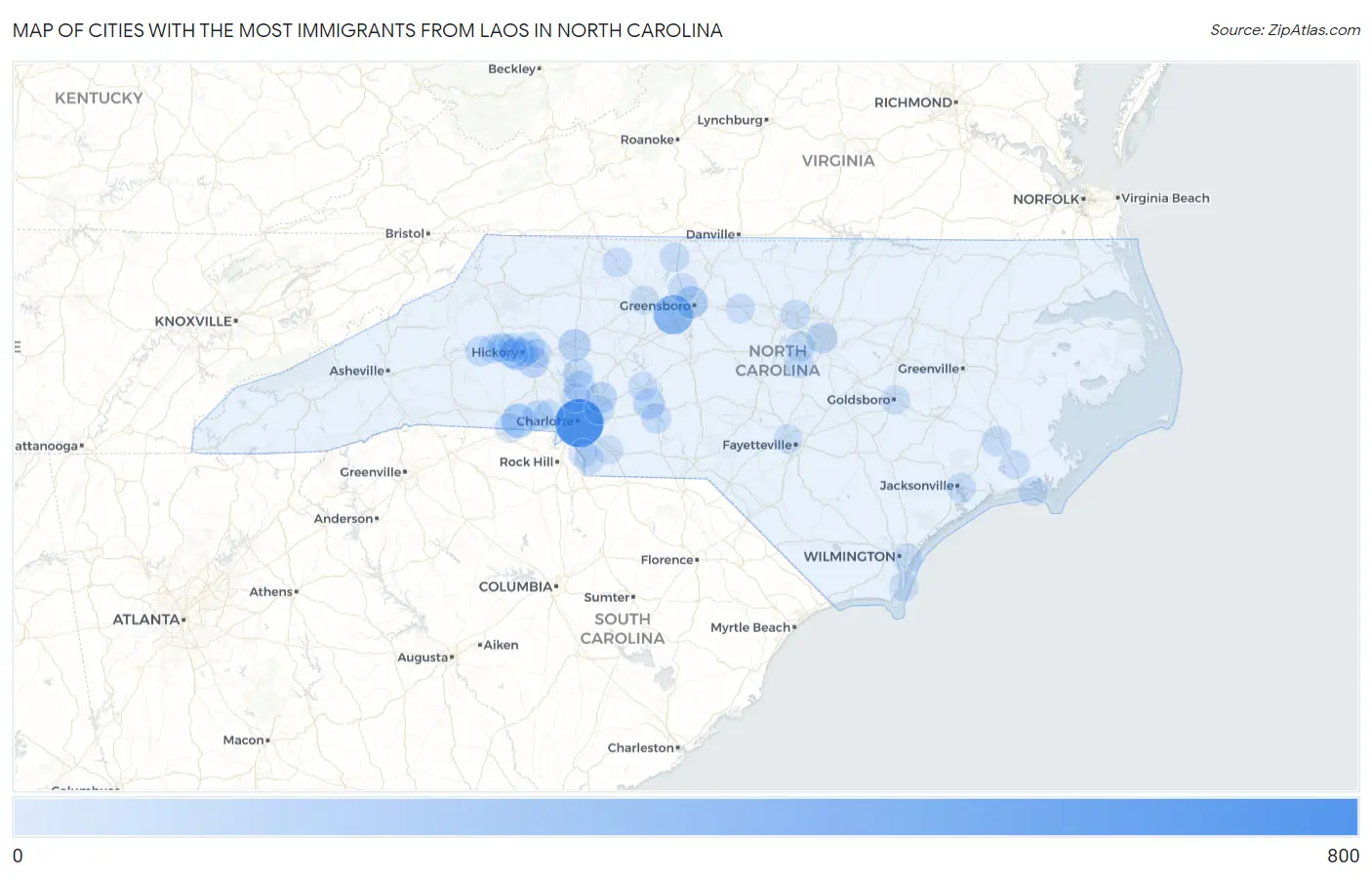 Cities with the Most Immigrants from Laos in North Carolina Map