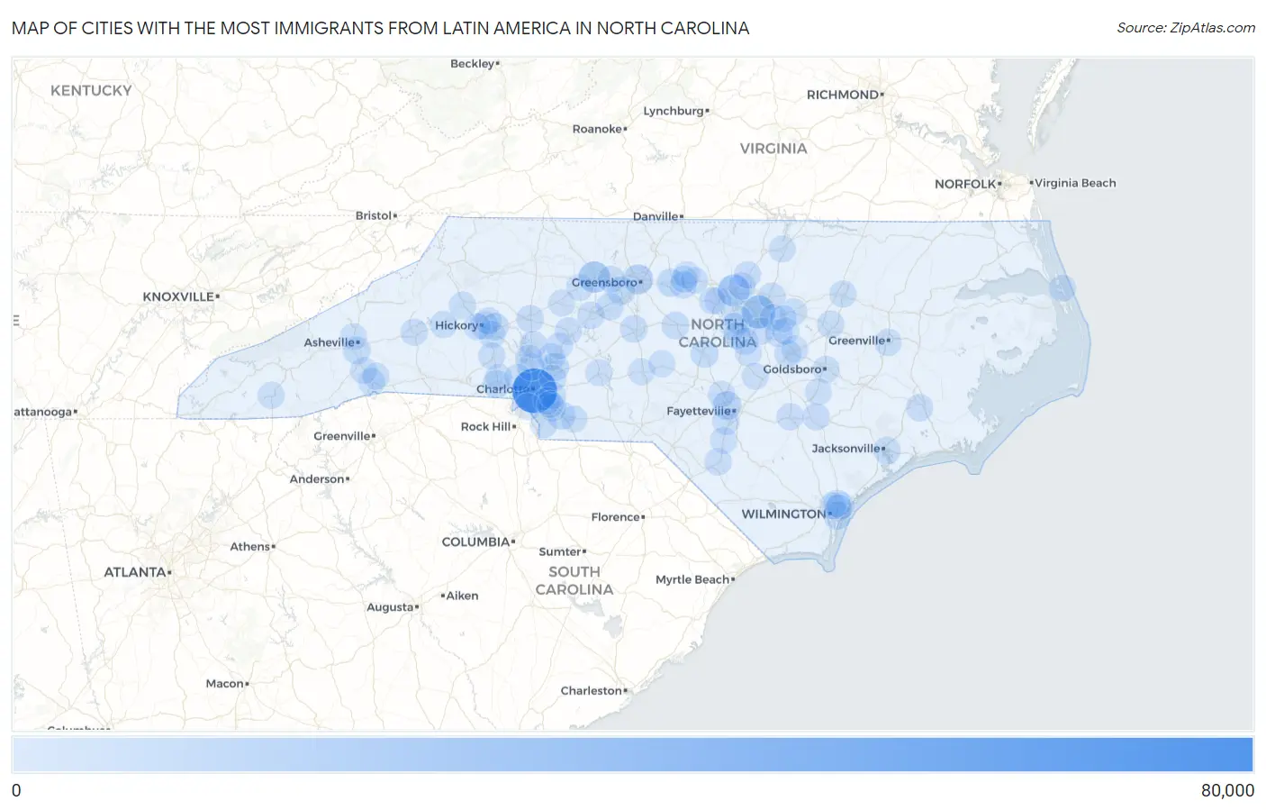 Cities with the Most Immigrants from Latin America in North Carolina Map