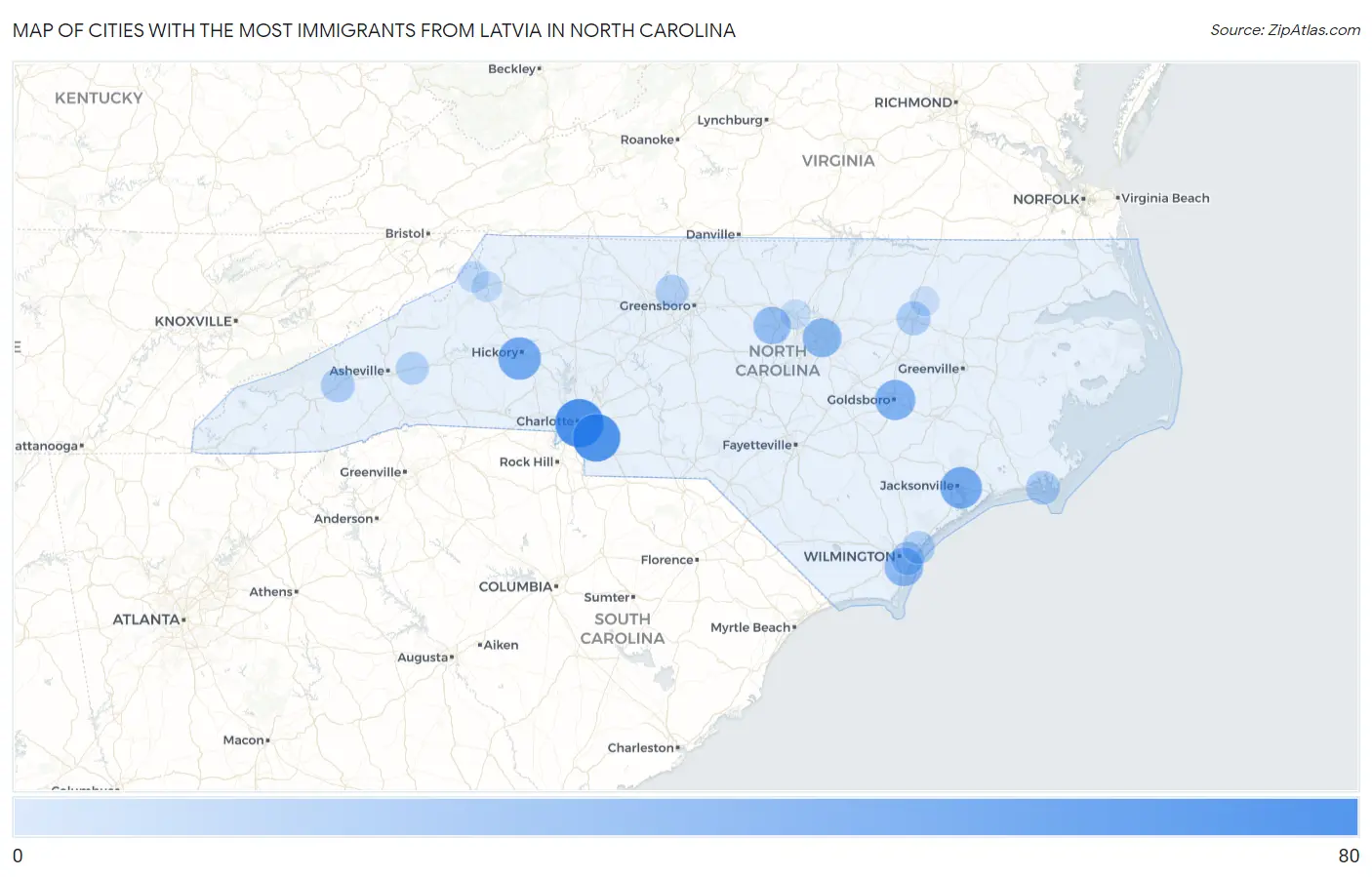 Cities with the Most Immigrants from Latvia in North Carolina Map