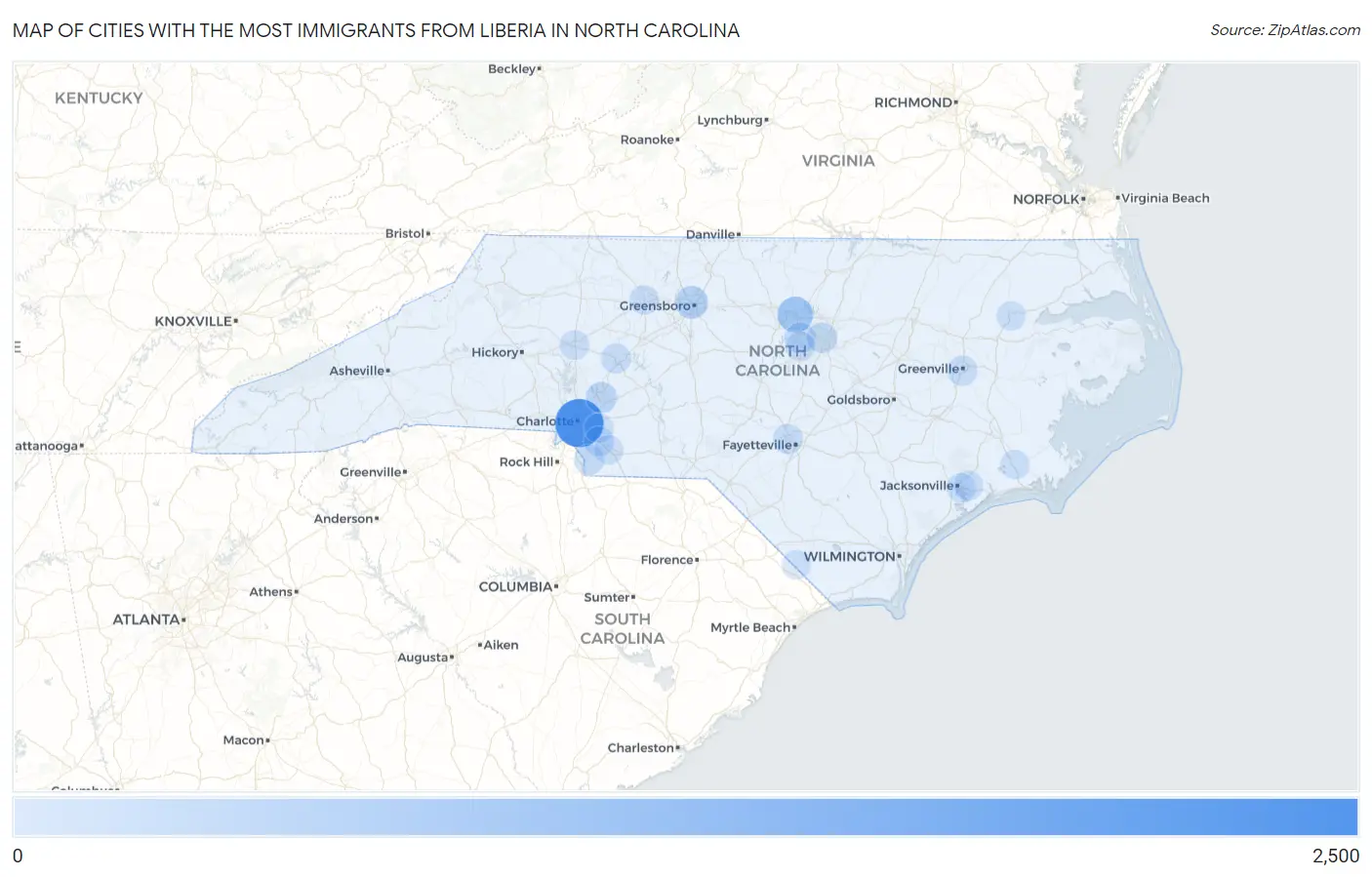 Cities with the Most Immigrants from Liberia in North Carolina Map