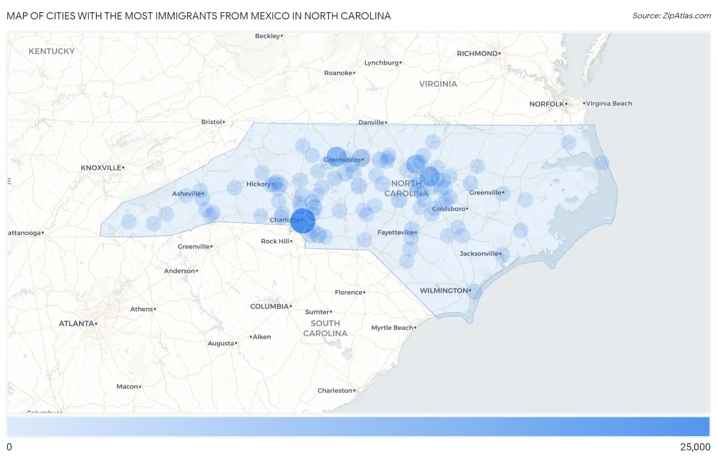 Cities with the Most Immigrants from Mexico in North Carolina Map