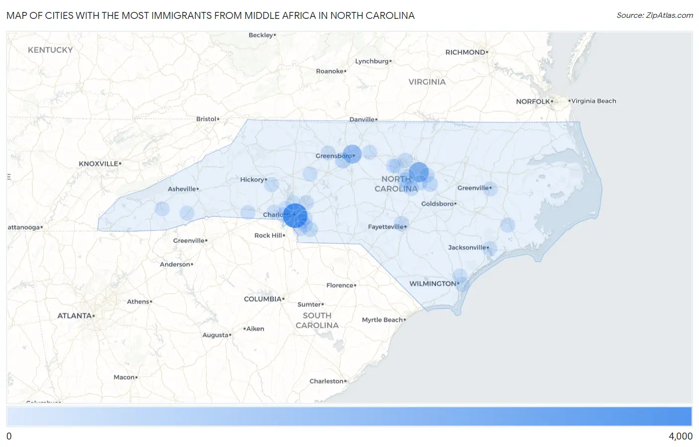 Cities with the Most Immigrants from Middle Africa in North Carolina Map