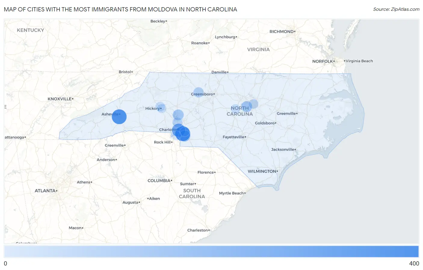 Cities with the Most Immigrants from Moldova in North Carolina Map