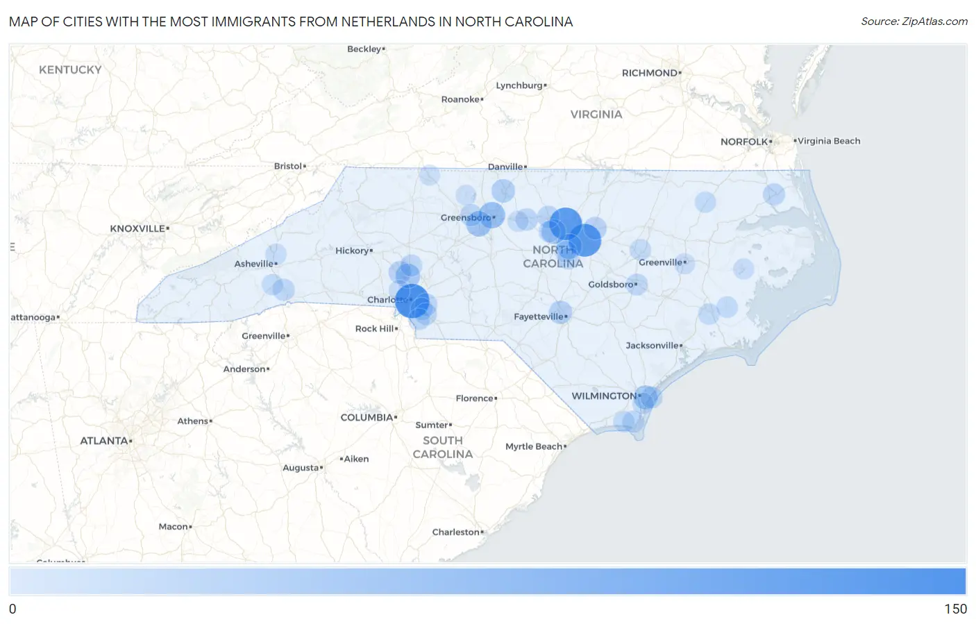 Cities with the Most Immigrants from Netherlands in North Carolina Map