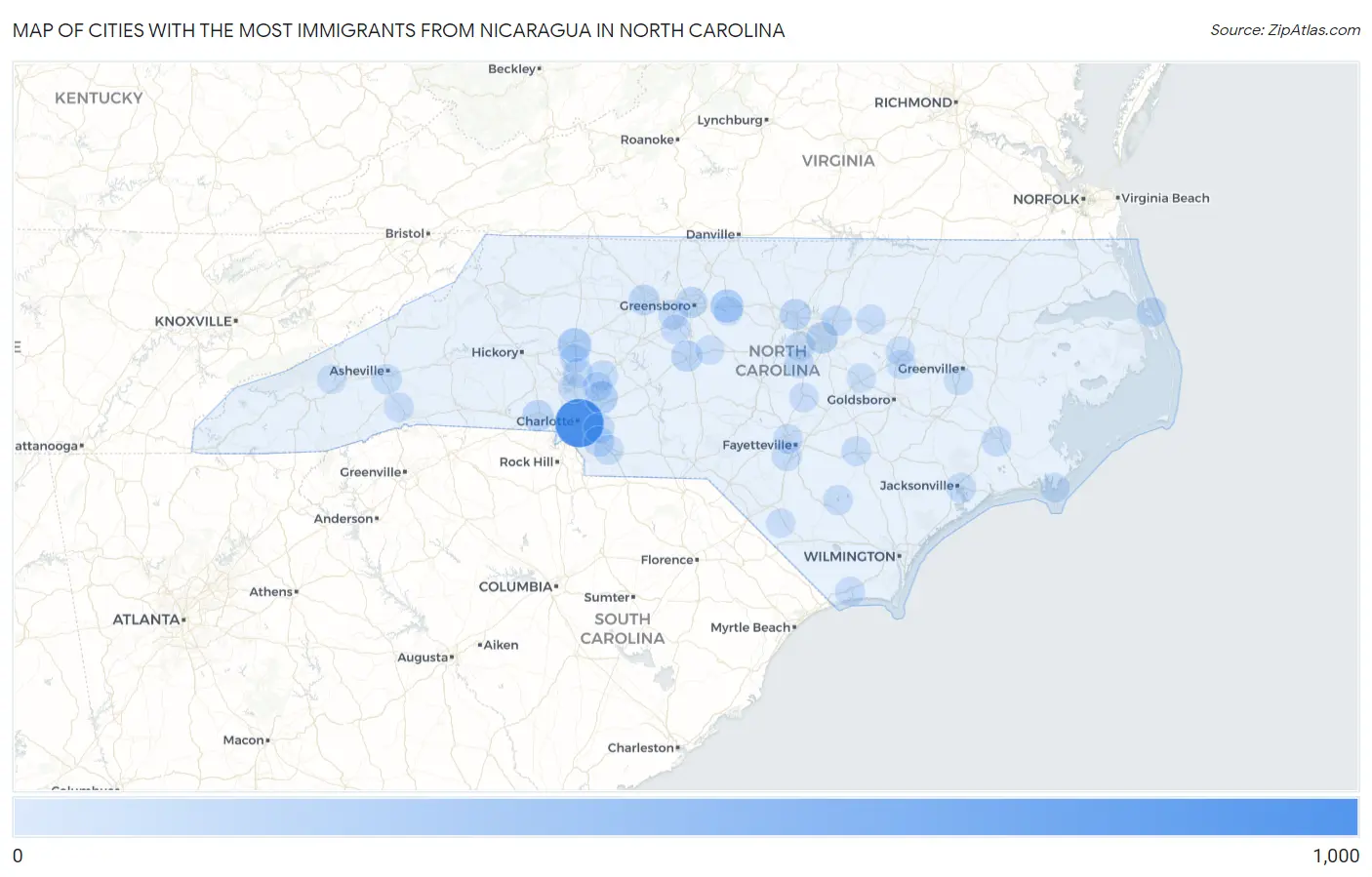 Cities with the Most Immigrants from Nicaragua in North Carolina Map