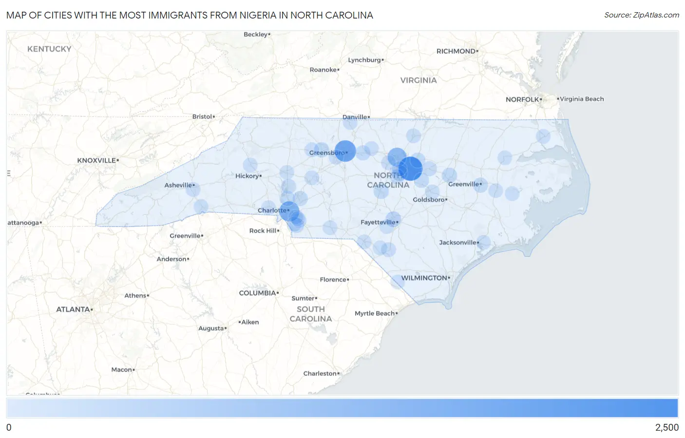 Cities with the Most Immigrants from Nigeria in North Carolina Map