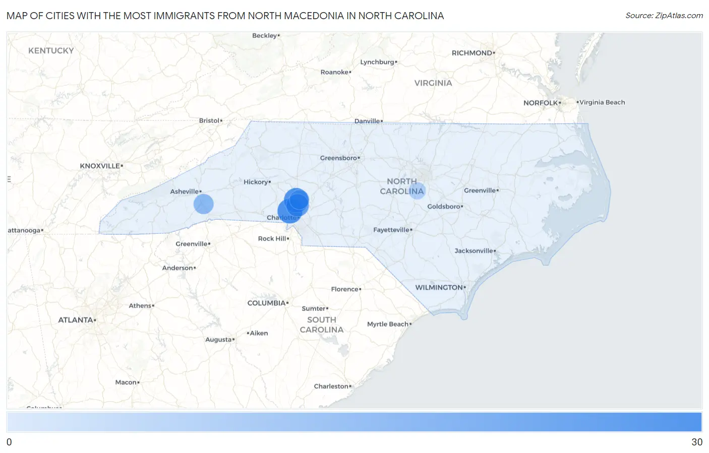 Cities with the Most Immigrants from North Macedonia in North Carolina Map