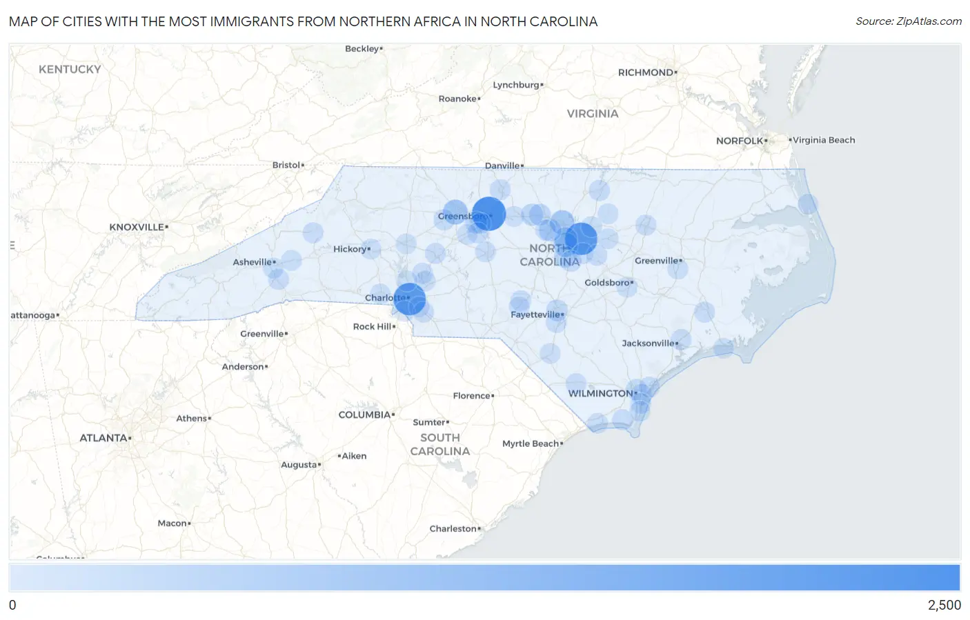 Cities with the Most Immigrants from Northern Africa in North Carolina Map