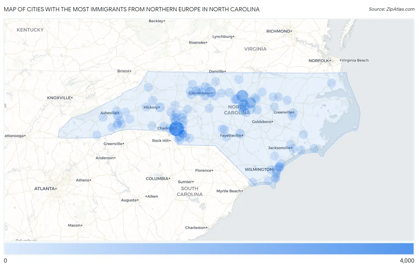 Cities with the Most Immigrants from Northern Europe in North Carolina Map