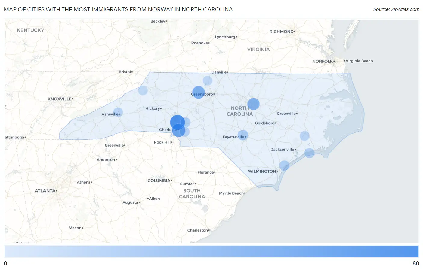 Cities with the Most Immigrants from Norway in North Carolina Map