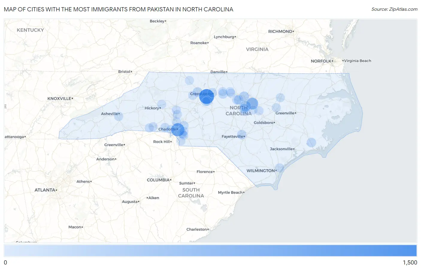 Cities with the Most Immigrants from Pakistan in North Carolina Map