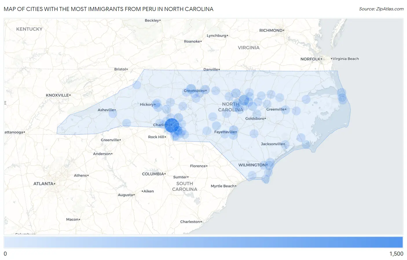 Cities with the Most Immigrants from Peru in North Carolina Map