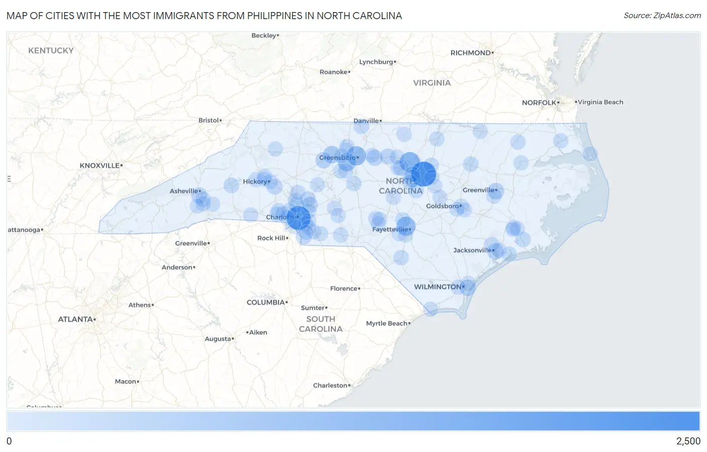 Cities with the Most Immigrants from Philippines in North Carolina Map