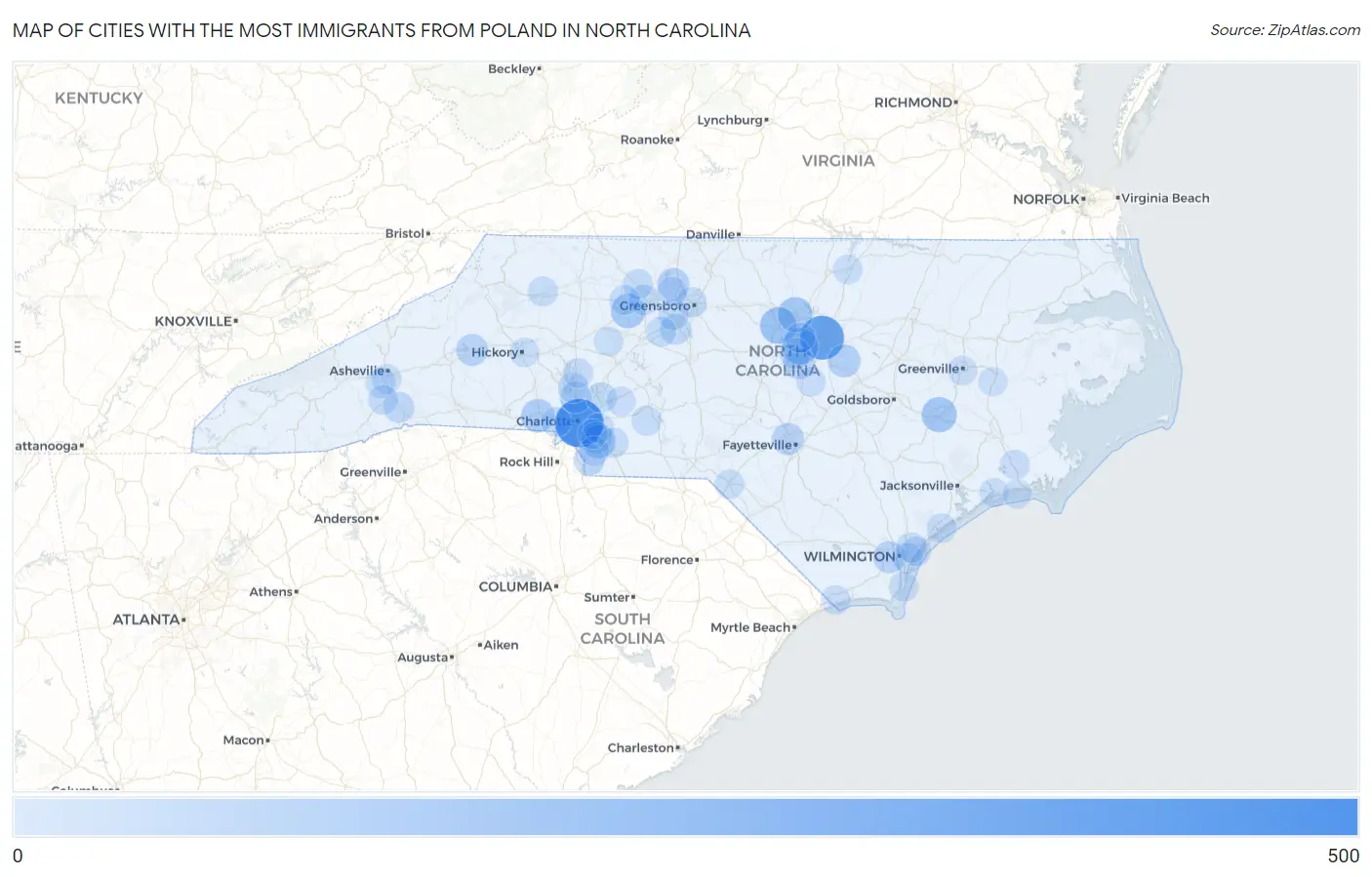 Cities with the Most Immigrants from Poland in North Carolina Map