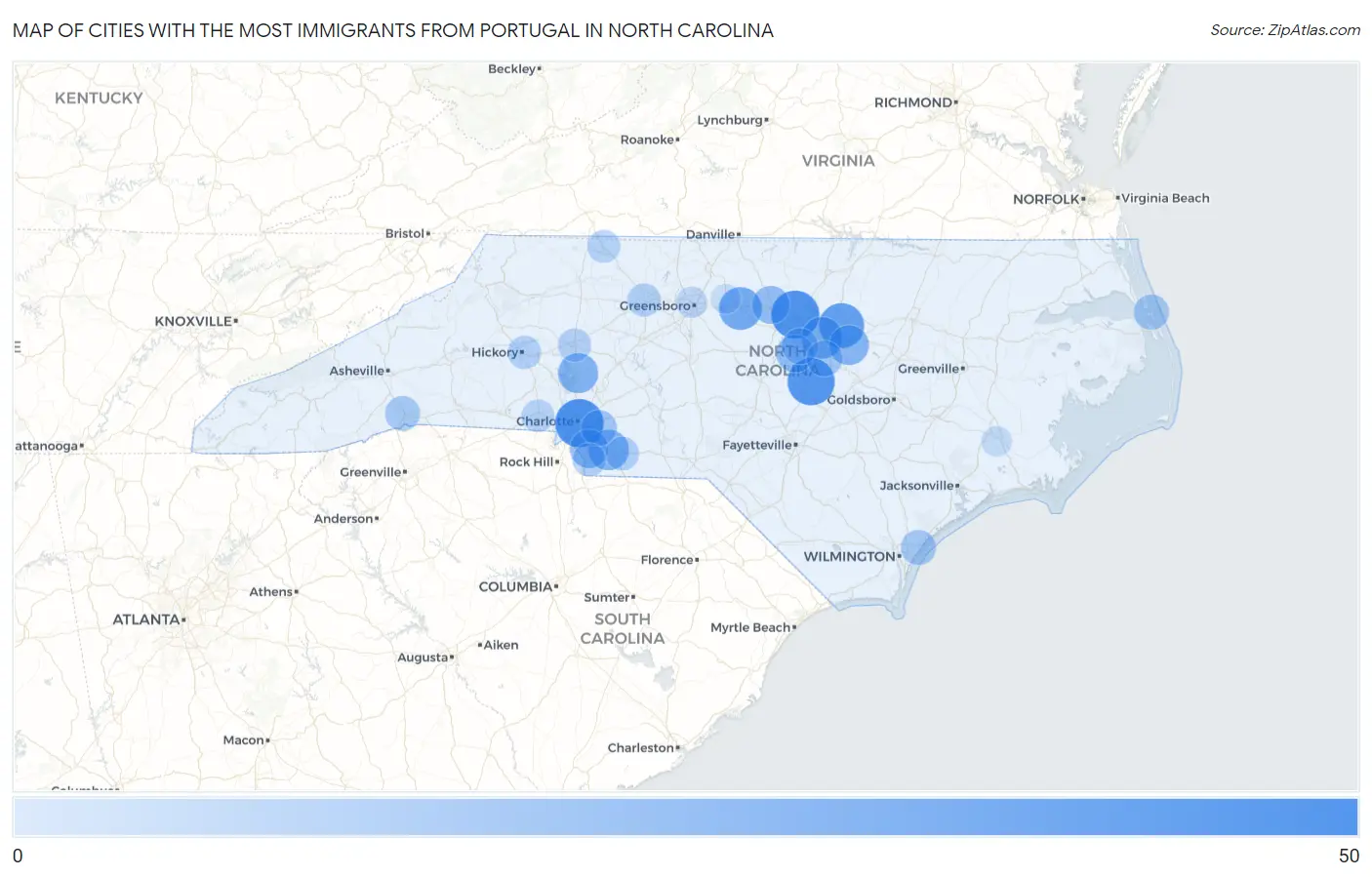 Cities with the Most Immigrants from Portugal in North Carolina Map