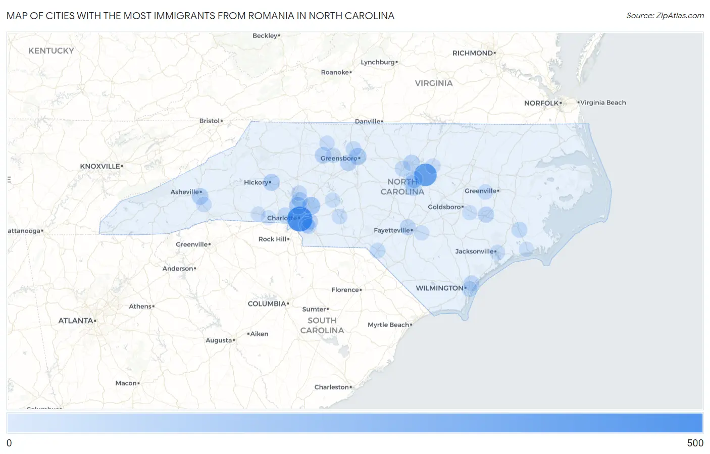 Cities with the Most Immigrants from Romania in North Carolina Map