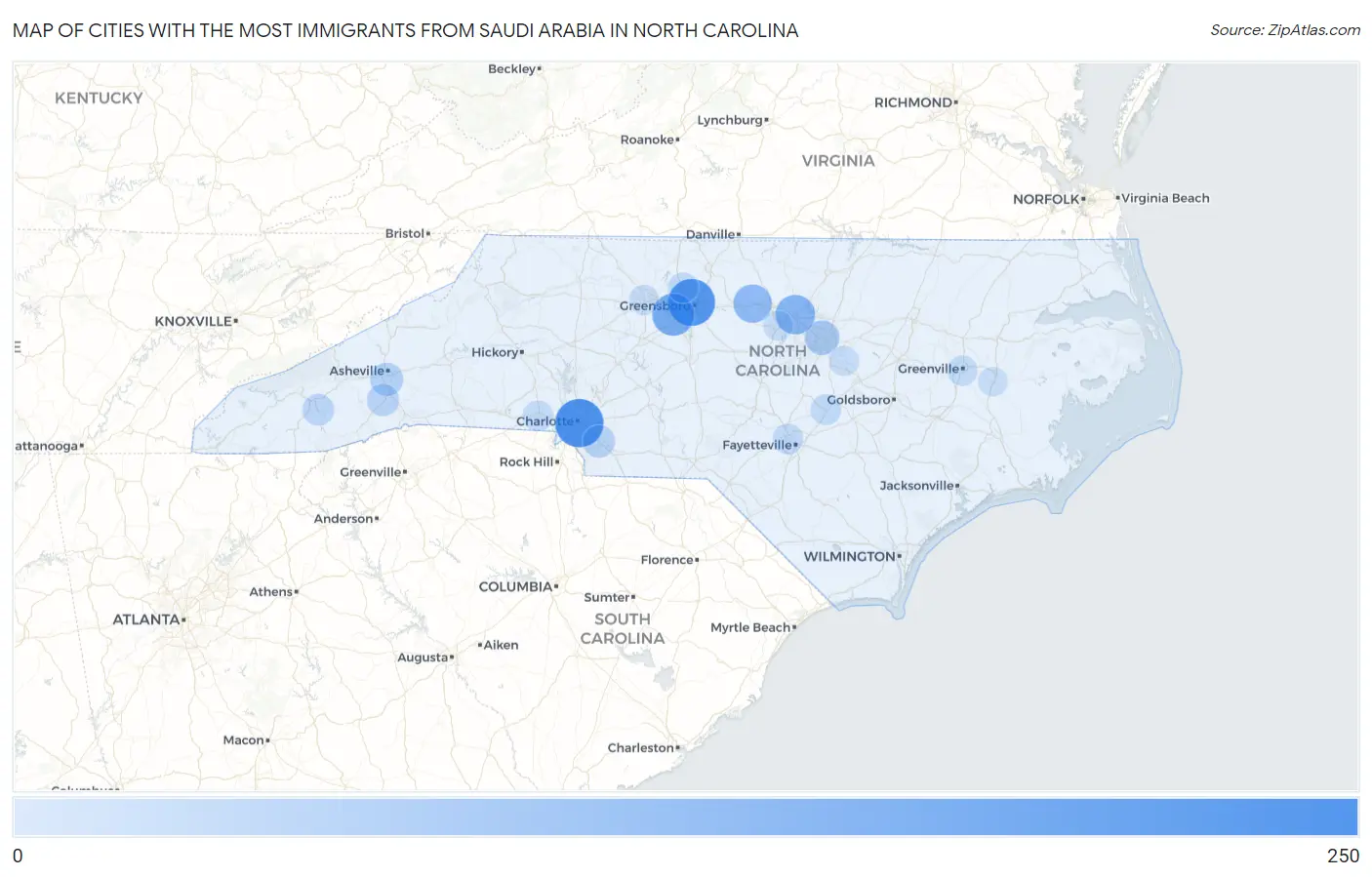 Cities with the Most Immigrants from Saudi Arabia in North Carolina Map