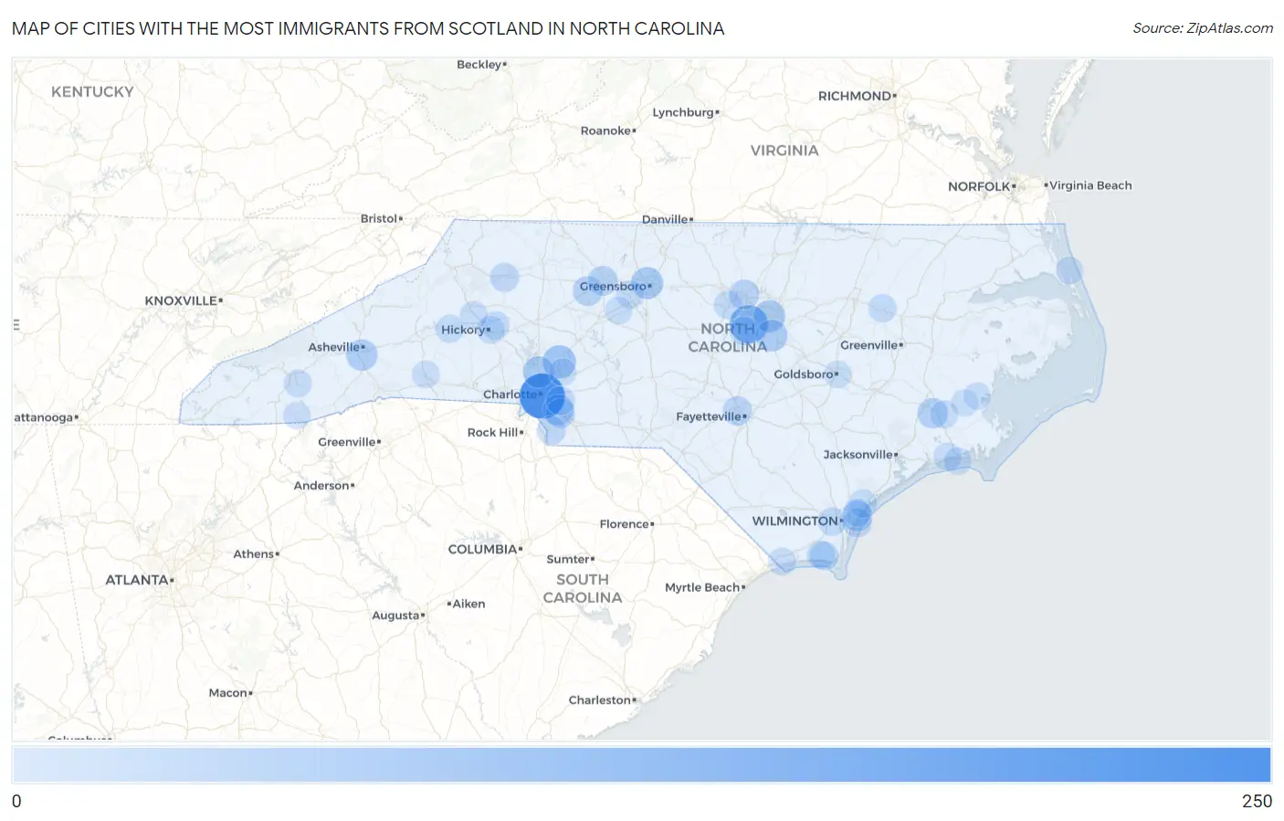 Cities with the Most Immigrants from Scotland in North Carolina Map