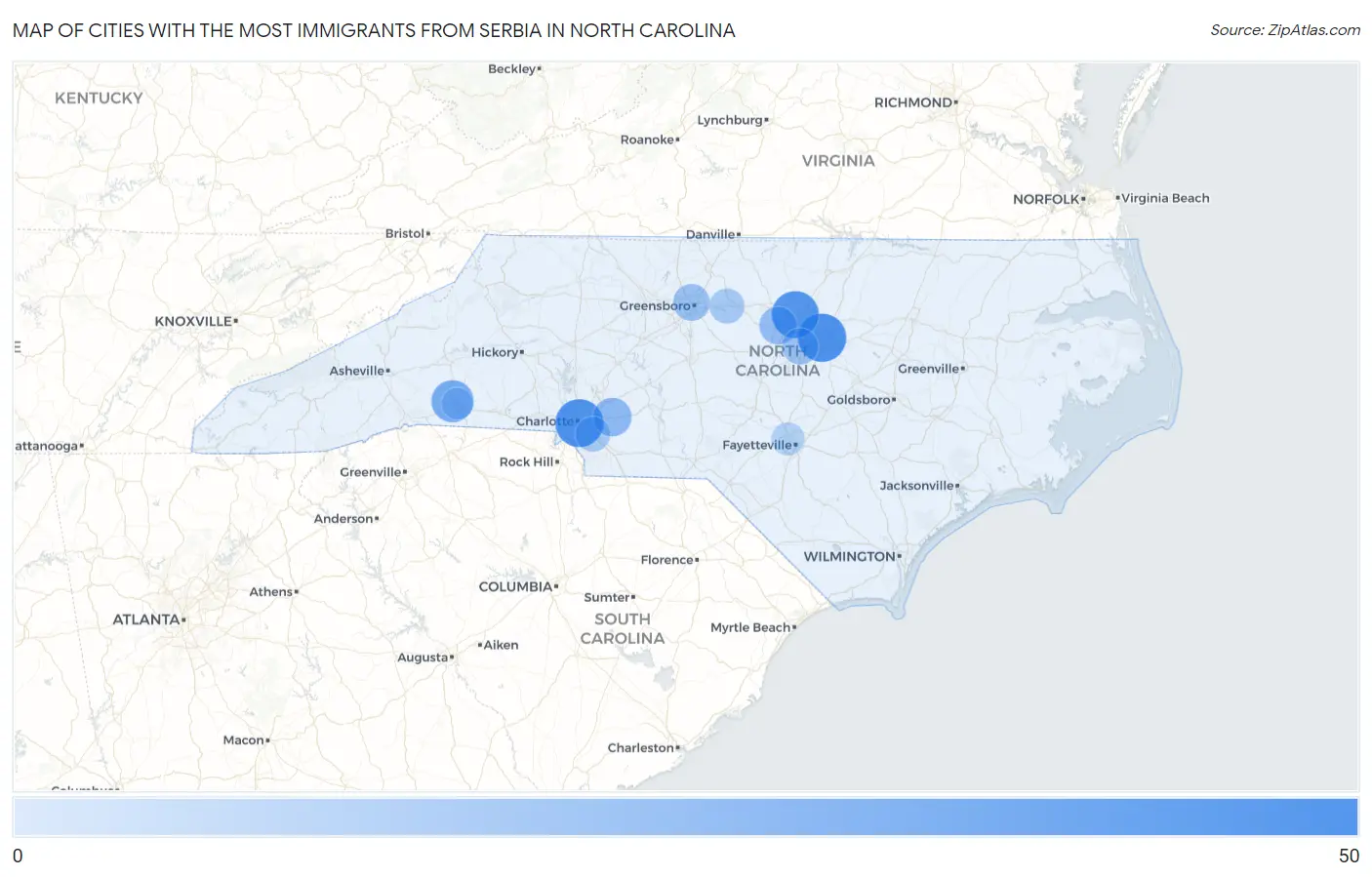 Cities with the Most Immigrants from Serbia in North Carolina Map