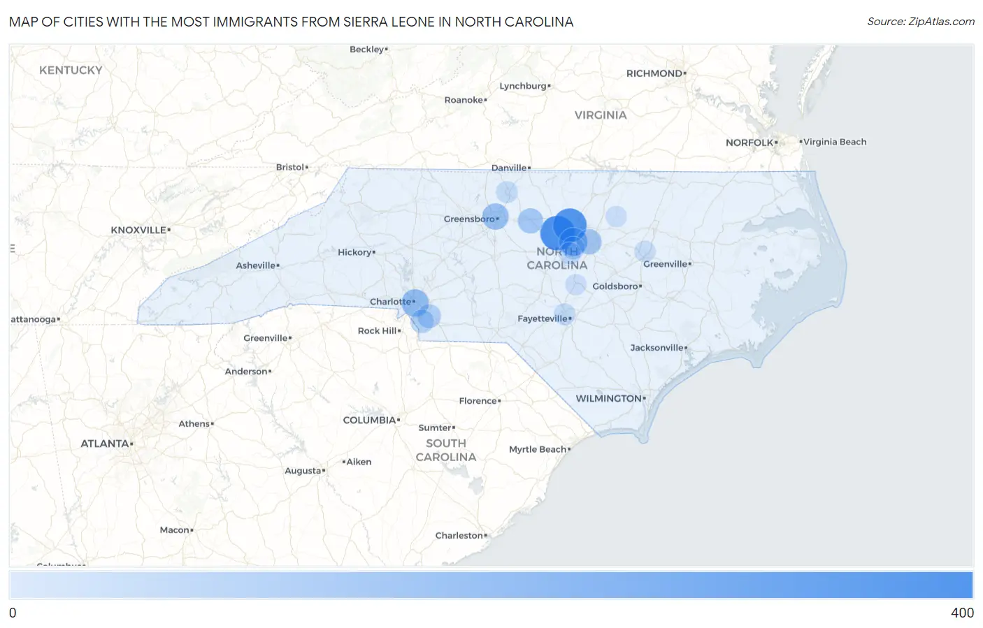 Cities with the Most Immigrants from Sierra Leone in North Carolina Map