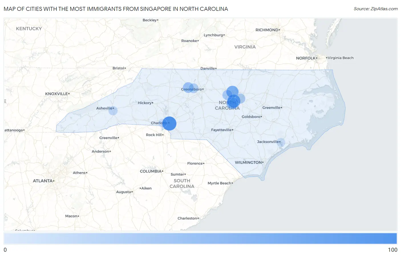 Cities with the Most Immigrants from Singapore in North Carolina Map