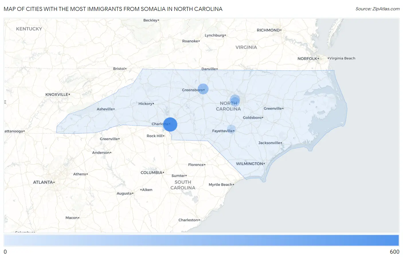 Cities with the Most Immigrants from Somalia in North Carolina Map