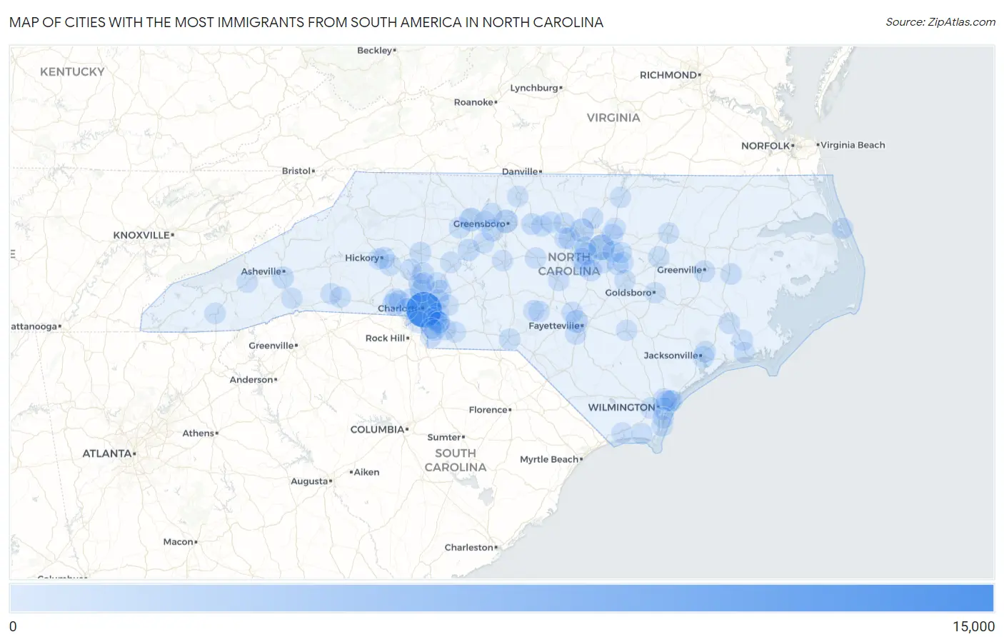 Cities with the Most Immigrants from South America in North Carolina Map